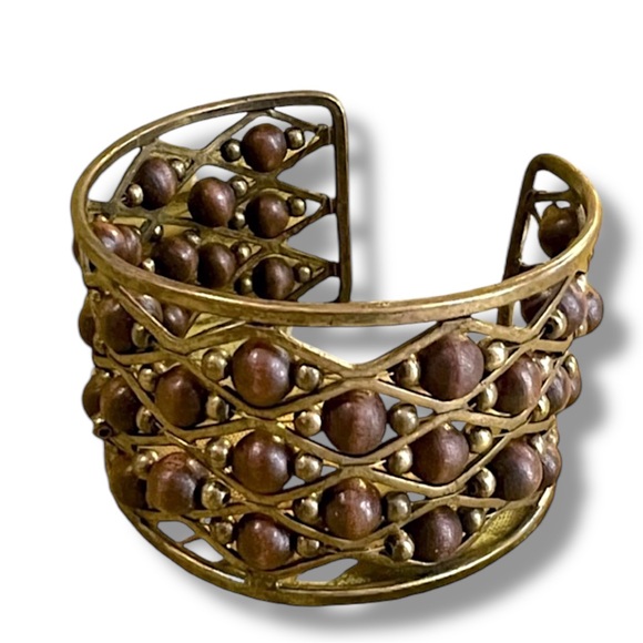 Brown Wooden Beads and Brass Cuff Bracelet Vintage - Picture 3 of 4